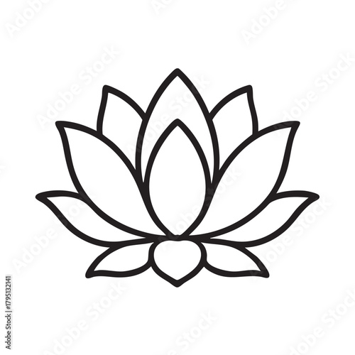 A simple black and white outline of a blooming lotus flower with detailed petals and a central seed pod