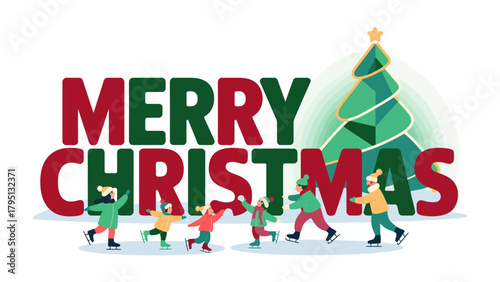 Holiday Cheer on Ice: A joyous Christmas scene unfolds as friends gather around festive greetings and symbols of Christmas for a winter celebration.