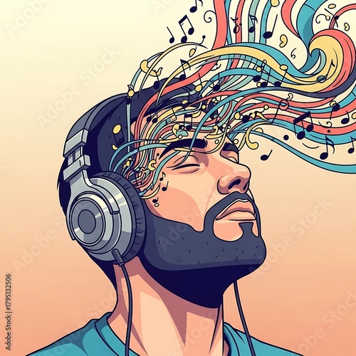 Man Listening to Music with Colorful Sound Waves Emanating from Headphones.