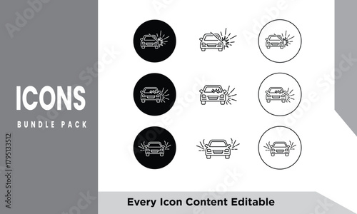 Car icons set. The car from different sides. Side view, back, front, bottom, inside. linear icon collection.