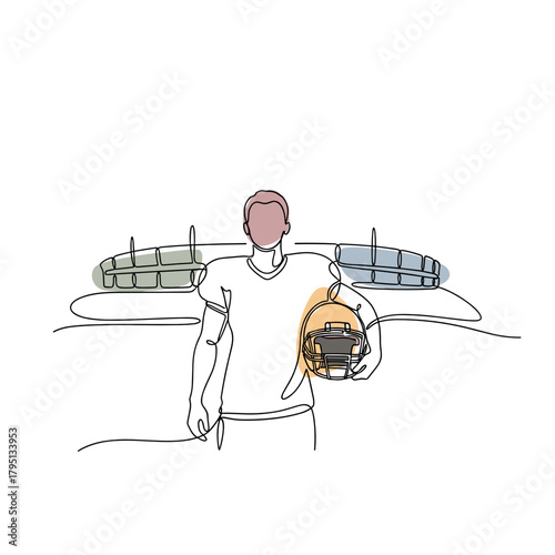 Male football player holding helmet and looking at the stadium, concept of College bowl finals  