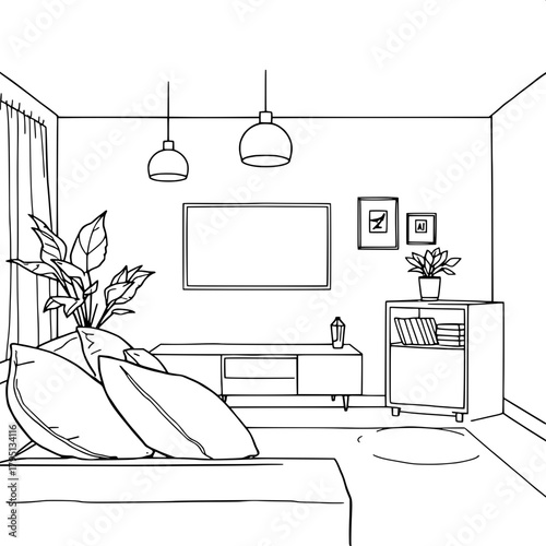 "Minimalist line-art drawing of a contemporary living room interior. Front-facing perspective. Large cushioned sofa on the left, centered wall-mounted TV, pendant lamps hanging evenly, a right-side ta