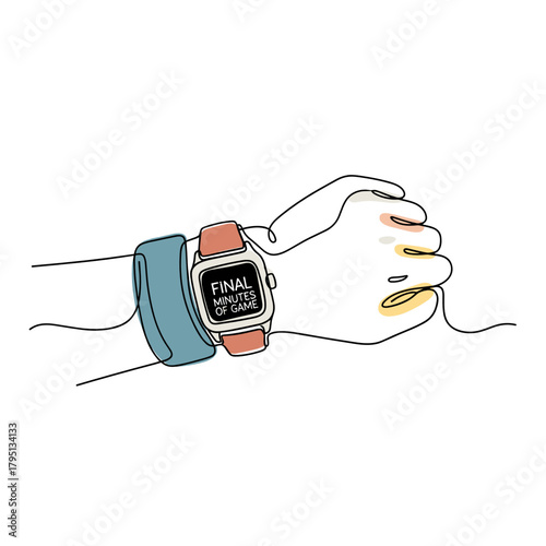 Hand wearing a watch showing final minutes of game concept of College bowl finals  