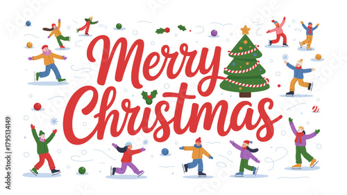 Festive Greetings: Merry Christmas typography with christmas tree and lively people enjoying the snowy scene.