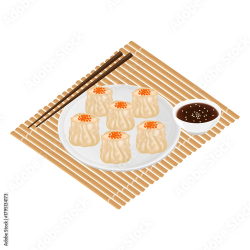 Vector Illustration Logo Clip art Dimsum Siu mai Shumai Steamed Dumplings with Soy sauce