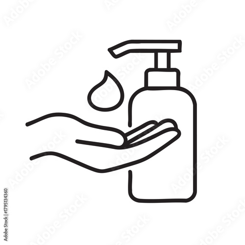 A simple line drawing illustrates a hand receiving a drop of liquid from a pump dispenser