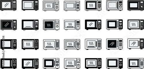 Microwave oven icons, kitchen appliance vector, UI glyph set, cooking device illustration, black white grayscale, CAD style, flat design, minimal