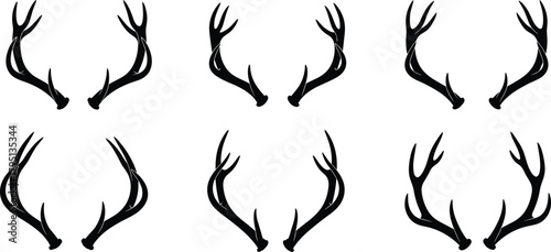 Set of deer antler silhouette variations in clean black vector style, minimal horn shapes, isolated design elements for decoration