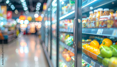 Supermarket fridge with assorted food products on glass shelves, glass showcase, blurry background