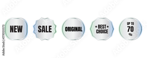 Holographic sticker set. Bright rainbow emblems. Sale, best choice, new arrivals, original, discount up to 70%. Vector.