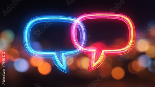 Neon speech bubbles icon in vibrant colors representing communication and conversation on a blurred bokeh background, ideal for digital and social media content