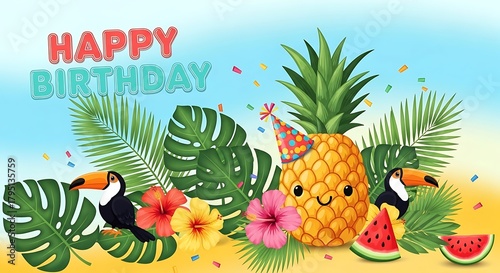 Happy Birthday Tropical Pineapple Party with Toucans and Watermelon.