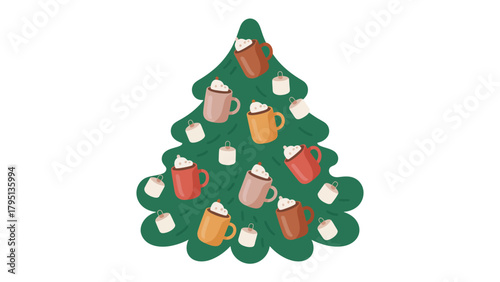 Festive Tree with cocoa: A whimsical holiday design of a Christmas tree with cocoa mugs and marshmallows. Evoking warmth and festive cheer.