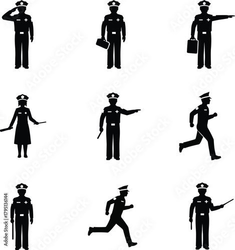 Vector set of police officer icons in various poses illustrating law enforcement actions