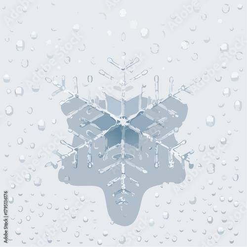 Close Up Macro Shot of a Detailed Ice Snowflake Melting on a Frosted Window with Water Droplets Reflecting Light