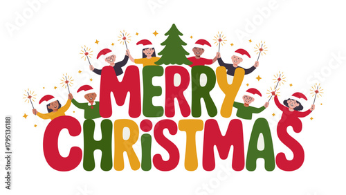 Festive Holiday Cheer: Delightful illustrated scene of children happily celebrating with sparklers around vibrant Merry Christmas typography.