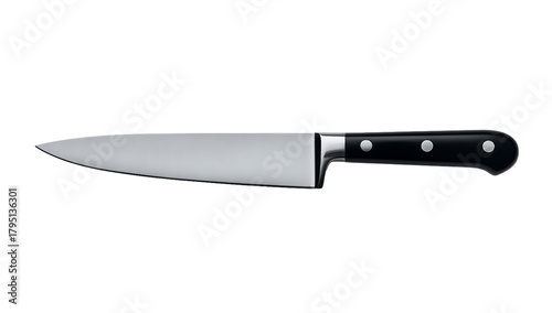A stainless steel chef knife with a black handle on a isolated on transparent background