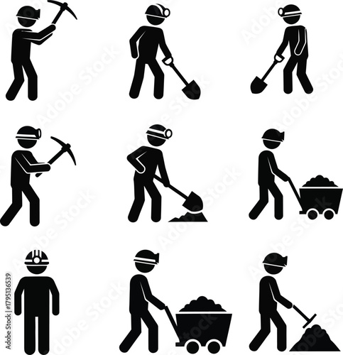 Collection of Mining Pictograms Depicting Miners and Tools for Mining Work Activities