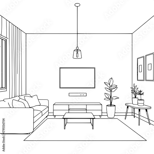 "Minimalist line-art drawing of a contemporary living room interior. Front-facing perspective. Large cushioned sofa on the left, centered wall-mounted TV, pendant lamps hanging evenly, a right-side ta