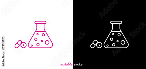 Editable stroke medicine box, medicines, drugs. Abstract line art medical lab flask, medicine bottle icon to use for health industry, cardiology, medical care, chemistry, resesearch, science project. 