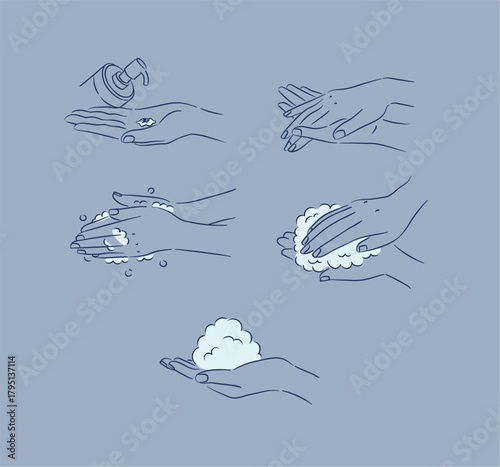 Female hand washing and treatment collection with soap, foam and cream drawing in minimalist style on blue background