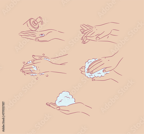 Female hand washing and treatment collection with soap, foam and cream drawing in minimalist style on peach background