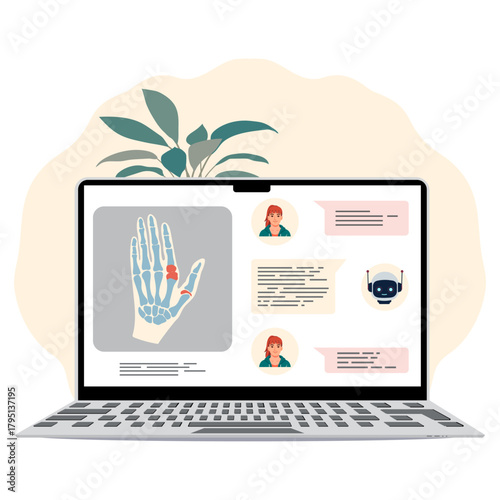 Online medical consultation concept with x-ray and chat on laptop screen
