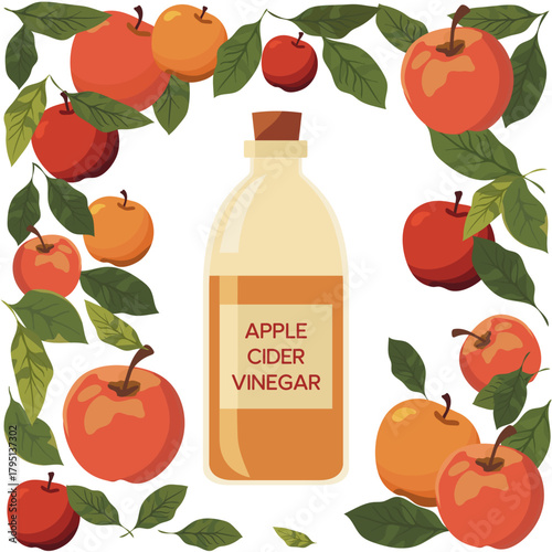 Apple cider vinegar bottle surrounded by apples and leaves with white background