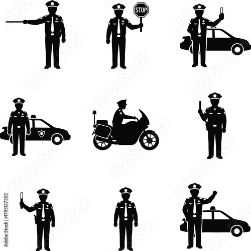 Collection of police officer silhouette vector illustrations depicting various poses and scenarios