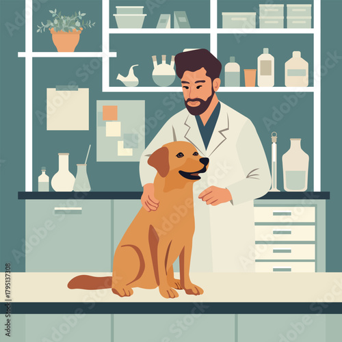 Veterinarian with dog in clinic setting, surrounded by medical equipment in background