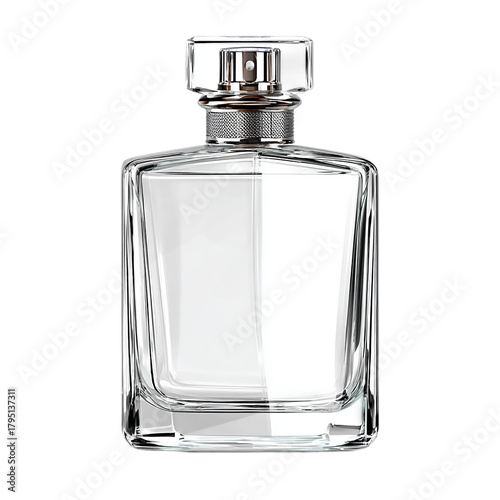Isolated clear glass perfume bottle with silver cap on   transparent background