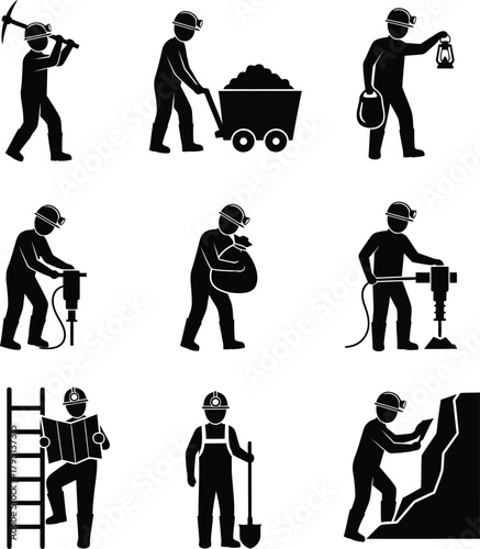 Illustrations depicting various activities of coal miners in silhouette formation
