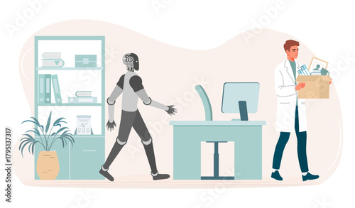 Robot replacing man at work in office, illustrating automation and technology concept