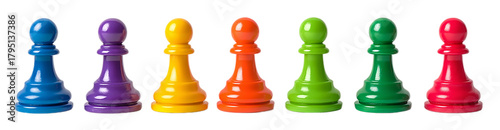 A row of seven colorful game pawns against a plain   isolated on transparent background