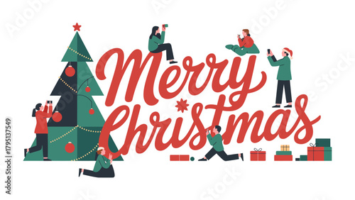 Holiday Cheer: A festive scene where the warm message of Merry Christmas brings people together. People around decorated Christmas tree ready for giving gift.