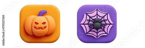 Two halloween icons with a pumpkin and a spider web on a  isolated on transparent background