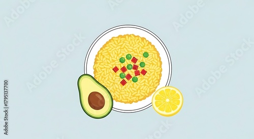 Healthy Avocado and Rice Bowl with Lemon Slice.