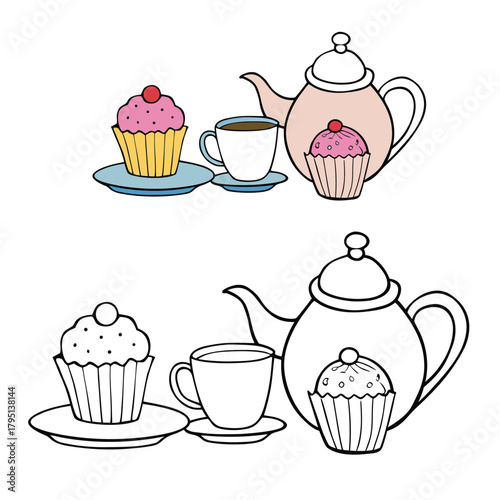 A charming tea set with a delicate teapot, matching cups, and a sweet cupcake beside them, all outlined for coloring. A cozy scene inviting creativity and warm afternoon vibes.
