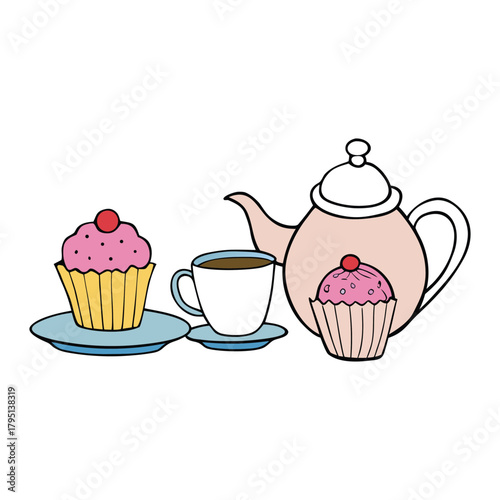 A charming tea set with delicate cups and a steaming pot sits beside a cute, frosted cupcake, creating a cozy moment of sweetness and warmth perfect for a relaxing break.
