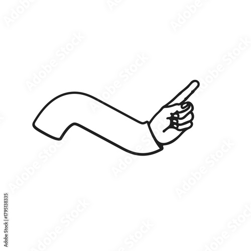Bold black-and-white vector doodle of an arm with a right-pointing finger. Ideal for navigation, swipe cues, call-to-actions, app interfaces, and highlighting important content.