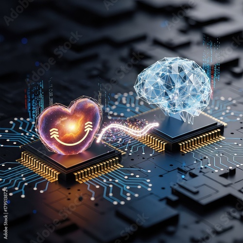 A glowing heart with a smiley face connected to a digital brain on a circuit board, symbolizing emotional intelligence and AI integration.