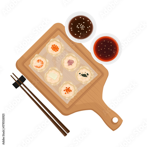 Vector Illustration Logo Clip art Top View Dumplings Dimsum Siu mai Shumai with Chili oil and Soy Sauce