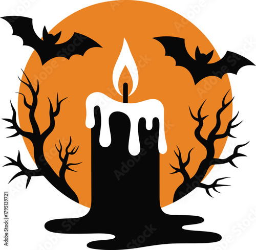 Illuminated candle with bats and bare trees against orange moon disc