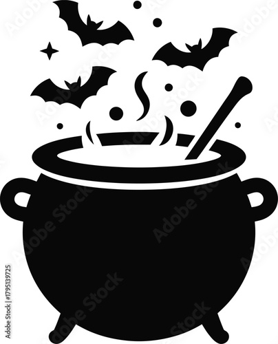 Witch cauldron with potion and stirring stick for halloween designs