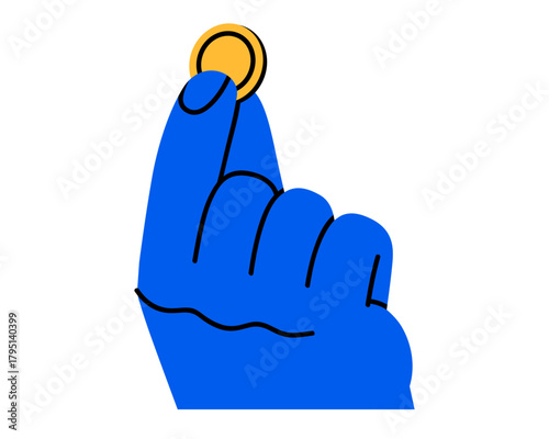 Hand drawn cute illustration of human hand holding one coin. Flat vector saved money in arm sticker doodle. Financial aid or donation icon. Success investment portfolio. Isolated.