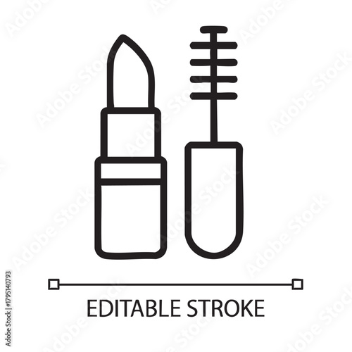 A simple outline illustration depicts a tube of lipstick alongside a mascara wand both beauty essentials
