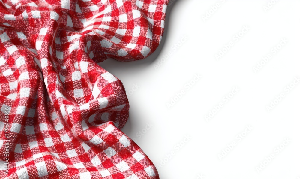 Fototapeta premium Red Checkered Tablecloth: A close-up shot of a red and white checkered tablecloth. The vibrant fabric drapes elegantly, showcasing the classic gingham pattern, perfect for picnics and dining. 