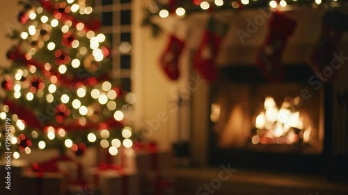 Blurred Christmas Cozy Fireplace Background, Christmas Blurred Background, Cozy Christmas Fireplace