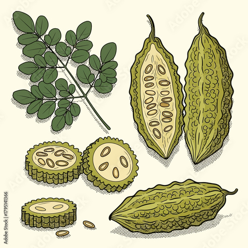 Botanical Illustration of Bitter Melon and Moringa Leaves in Vintage Style