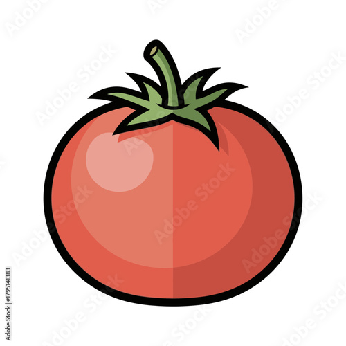 Cartoonish illustration of a single ripe tomato on a white background